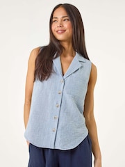Roman Blue Petite Collared One Pocket Blouse - Image 4 of 5