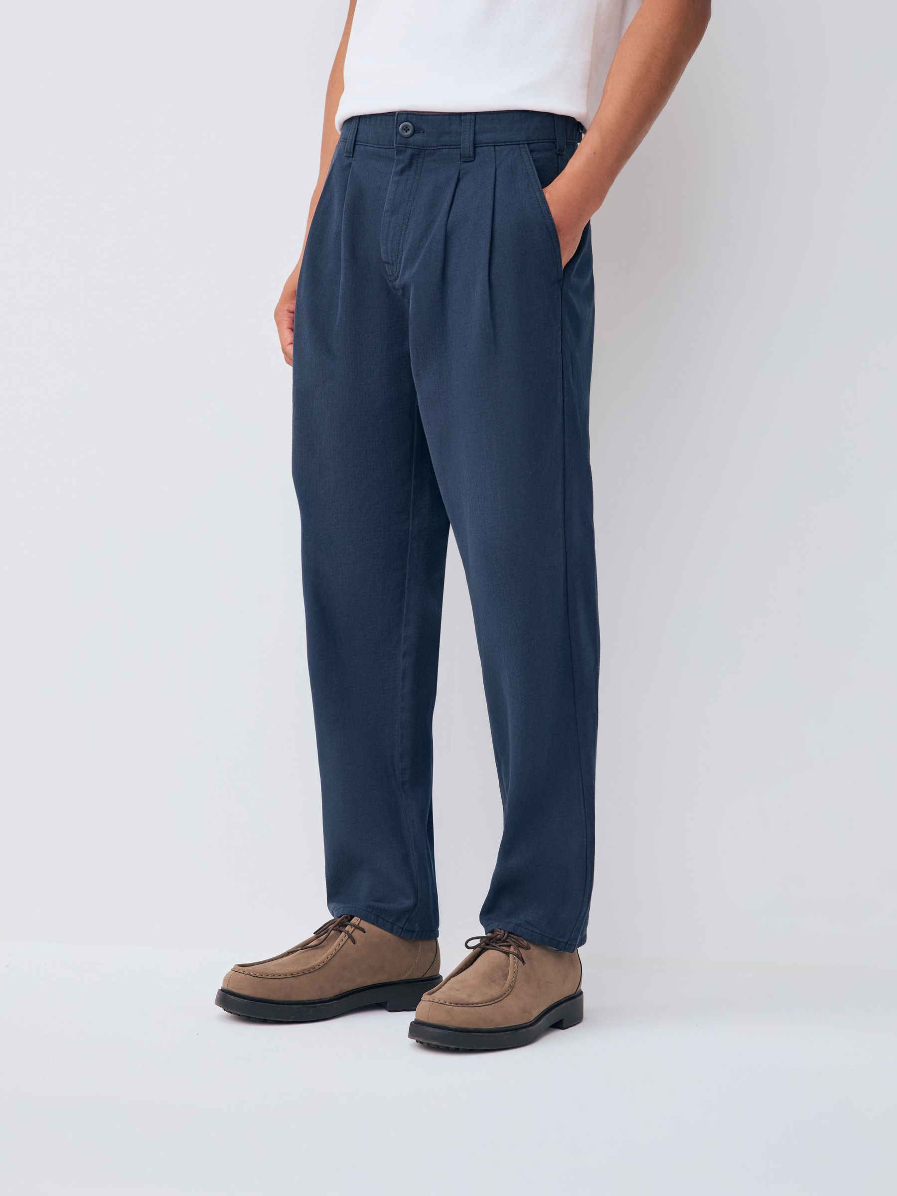 Buy Navy Relaxed Tapered Fit Authentic Twin Pleated Textured