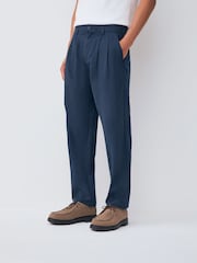 Navy Relaxed Tapered Fit Authentic Twin Pleated Textured Trousers - Image 1 of 10