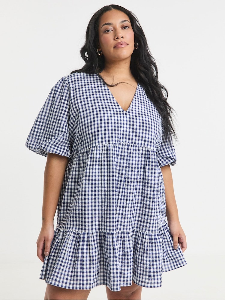 Simply Be Blue Gingham Smock 100% Cotton Dress - Image 1 of 4