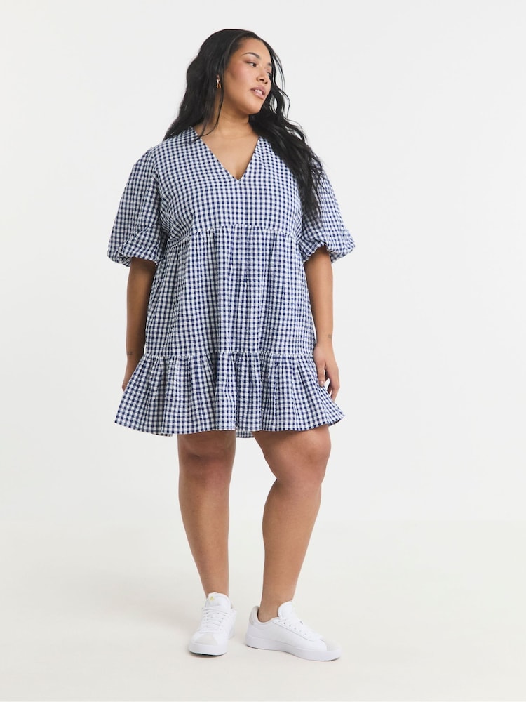 Simply Be Blue Gingham Smock 100% Cotton Dress - Image 4 of 4