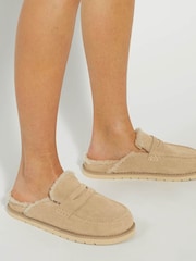 Dune London Cream Goldy Shearling Lined Backless Loafers - Image 1 of 6