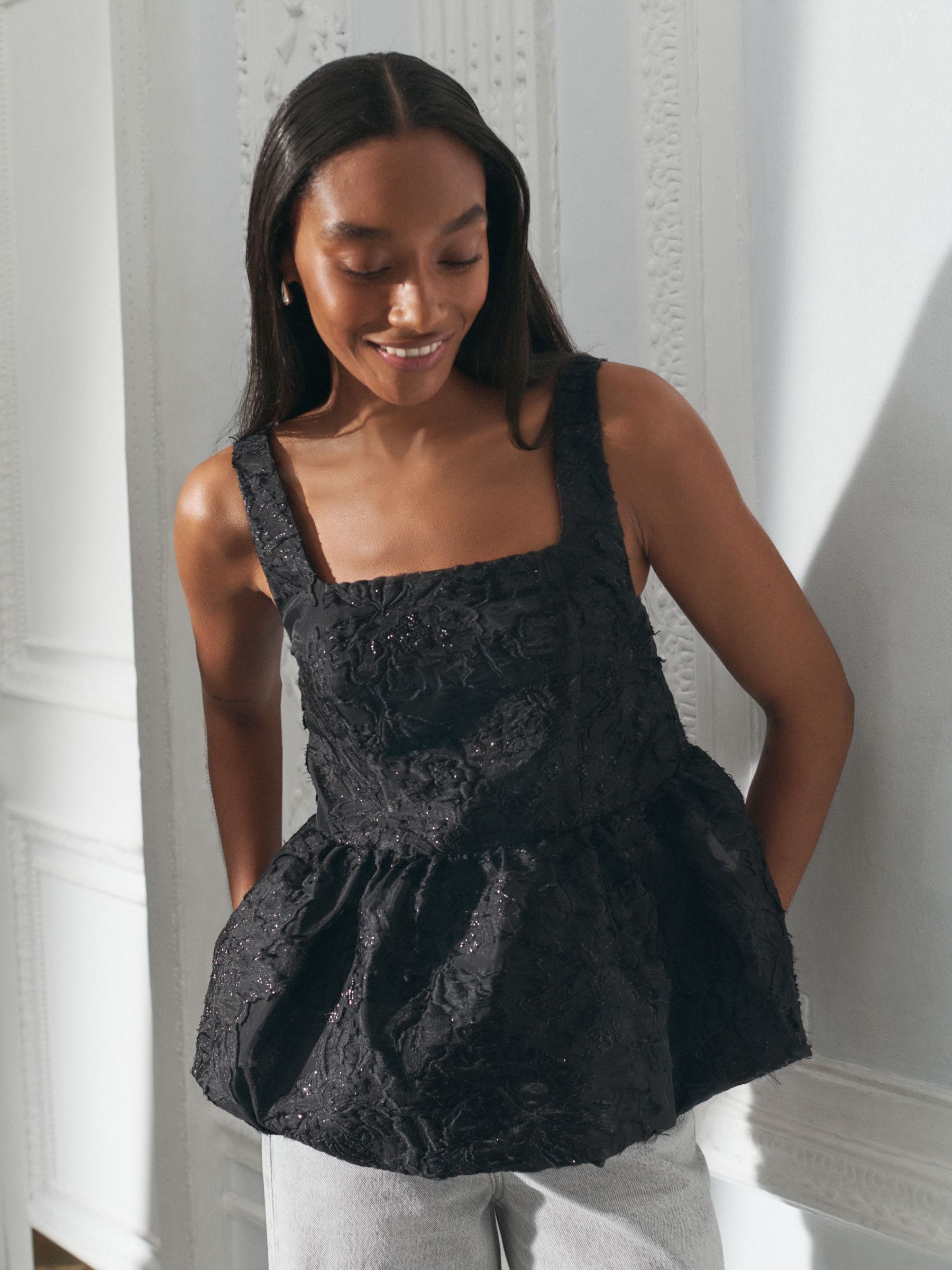 Buy Black Tufty Jacquard Peplum Top from the Next UK online shop