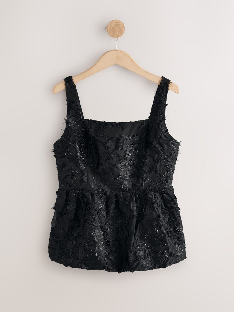Schwarz - Tufty Jacquard Peplum Top - Bild 1 von 3