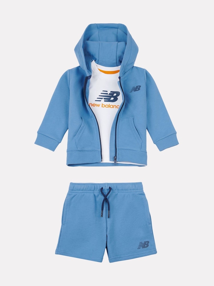 New Balance Blue Kids Zip Thru Hoodie 100% Cotton T-Shirt & Shorts Set - Image 1 of 5