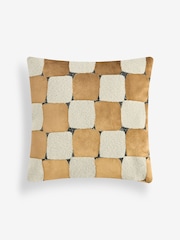Gold/Natural Cut Velvet Checkerboard 50 x 50cm Square Check Cushion - Image 3 of 5