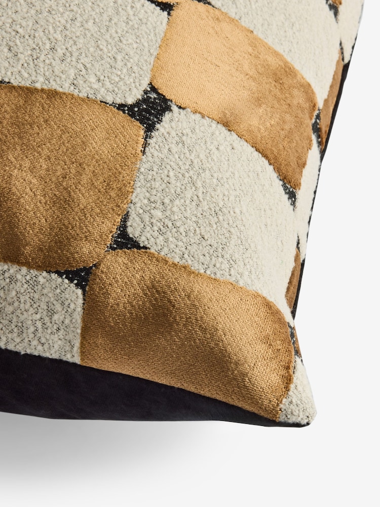 Gold/Natural Cut Velvet Checkerboard 50 x 50cm Square Check Cushion - Image 5 of 5