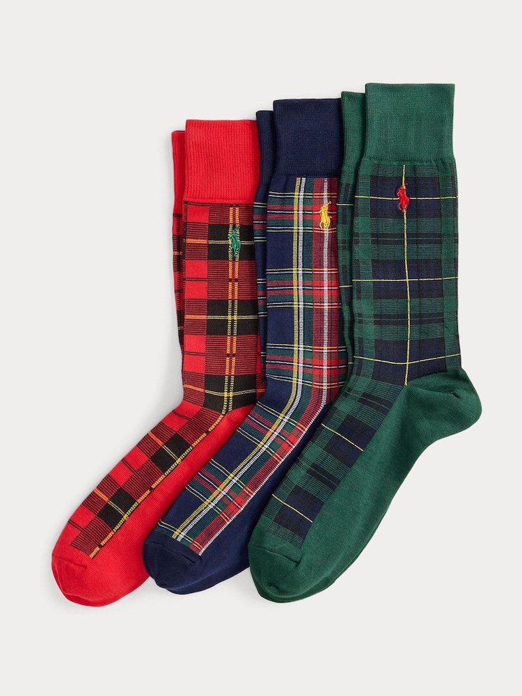 Polo Ralph Lauren Red Tartan Gift Box Crew Ankle Socks 3 Pack - Image 1 of 2