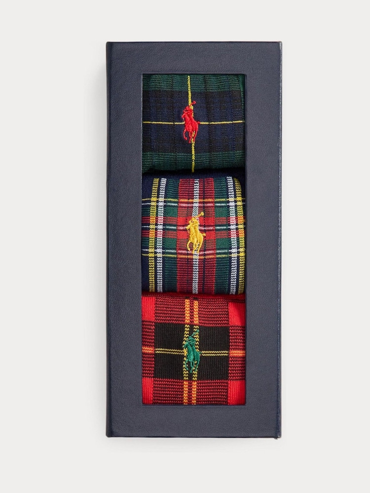 Polo Ralph Lauren Red Tartan Gift Box Crew Ankle Socks 3 Pack - Image 2 of 2