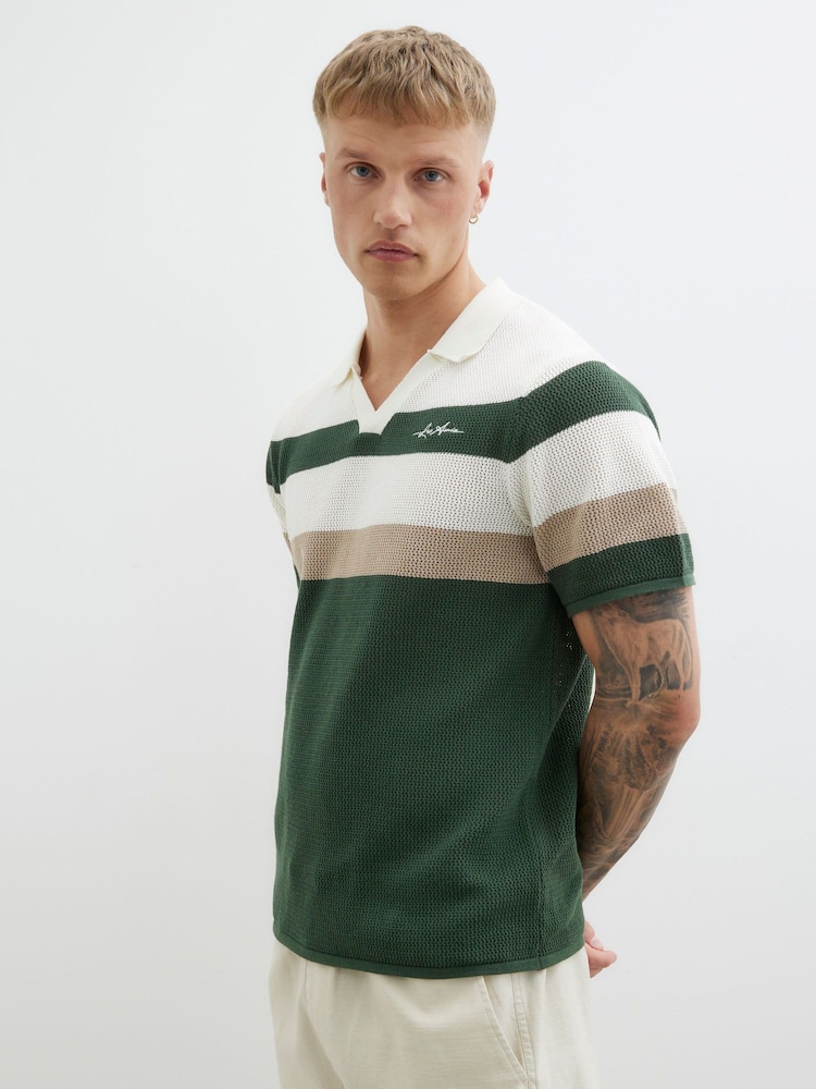 River Island Green Open Collar Stripe Polo Shirt - Image 1 of 4
