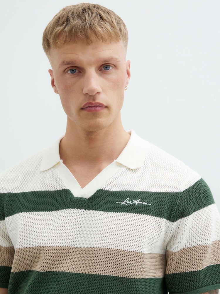River Island Green Open Collar Stripe Polo Shirt - Image 4 of 4