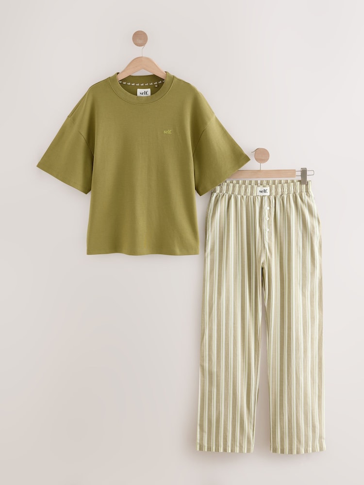 self. Olive Green Stripe Short Sleeve Pyjamas - Image 1 of 3 self. Olive Green Stripe Short Sleeve Pyjamas - Image 1 of 3