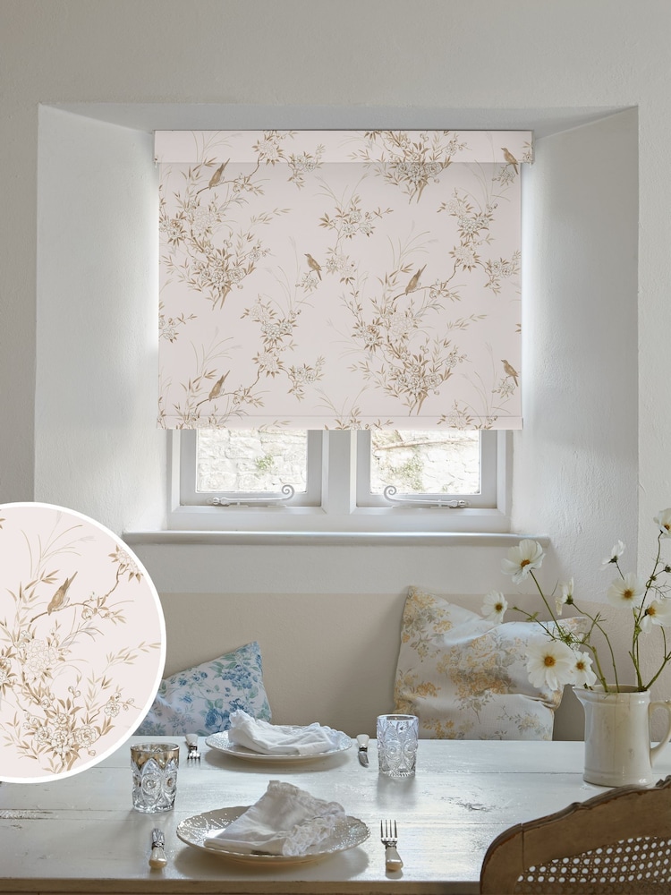 Shabby Chic by Rachel Ashwell® Pink Tan Bird Chinoiserie Made to Measure Blackout Roller Blind - Image 1 of 6