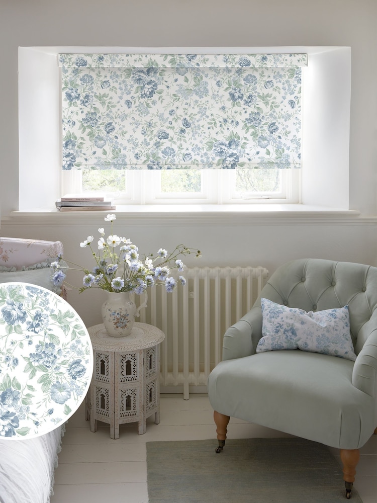 Shabby Chic by Rachel Ashwell® Blue Romantic Rose Made to Measure Blackout Roller Blind - Image 1 of 6