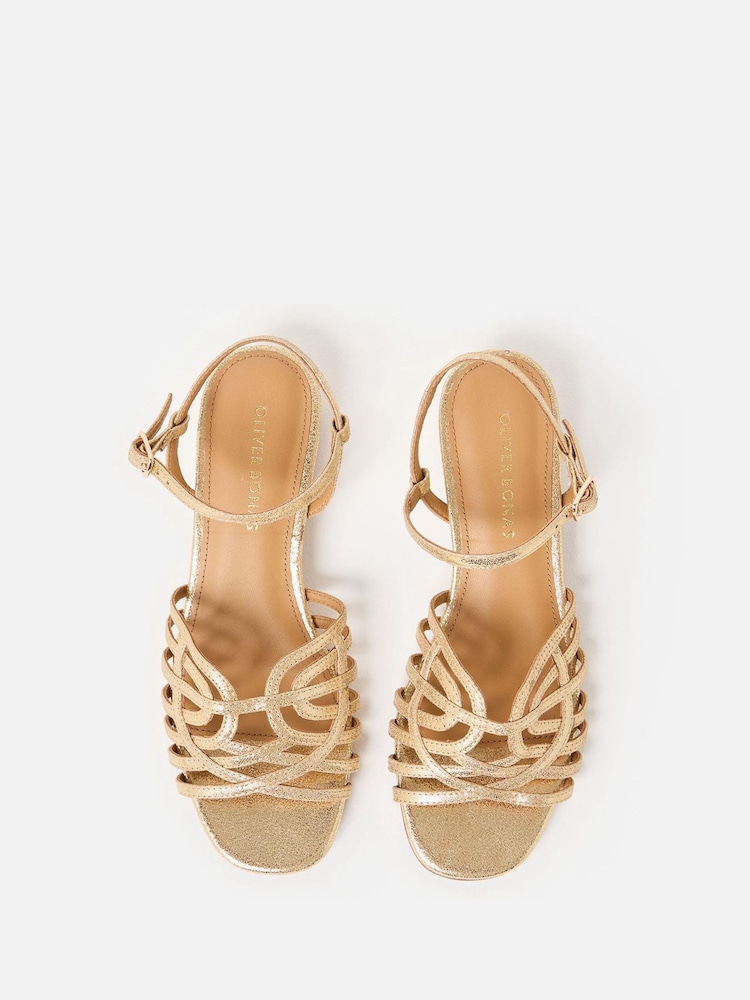 Oliver Bonas Gold Metallic Weave Heeled Sandals - Image 4 of 7