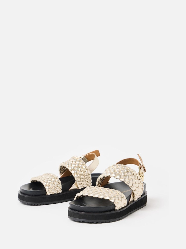 Oliver Bonas Gold Chunky Metallic Weave Leather Sandals - Image 1 of 7