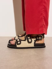Oliver Bonas Cream Raffia Double Buckle Chunky Sandals - Image 1 of 7