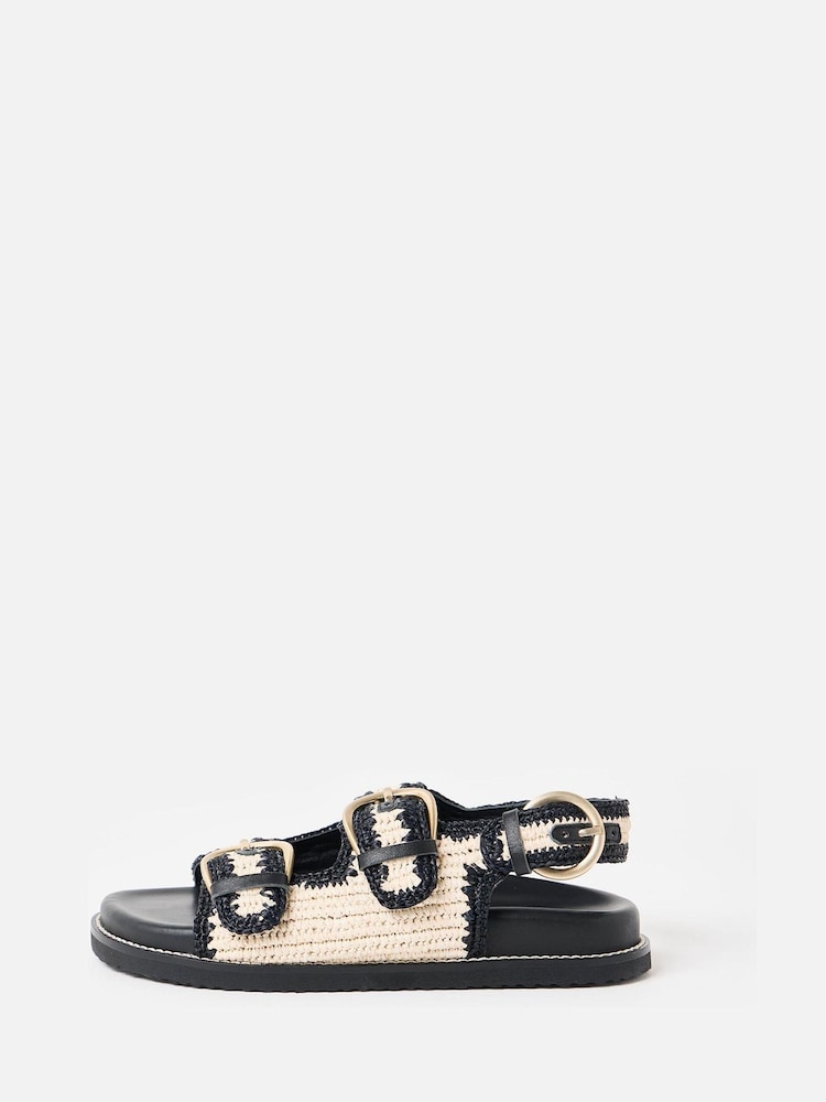 Oliver Bonas Cream Raffia Double Buckle Chunky Sandals - Image 2 of 7
