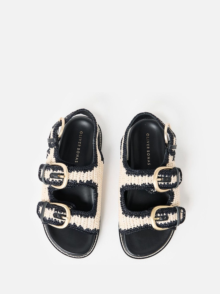 Oliver Bonas Cream Raffia Double Buckle Chunky Sandals - Image 7 of 7