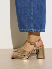 Oliver Bonas Gold Tone Metallic Fan Leather Platform Heeled Sandals - Image 1 of 7