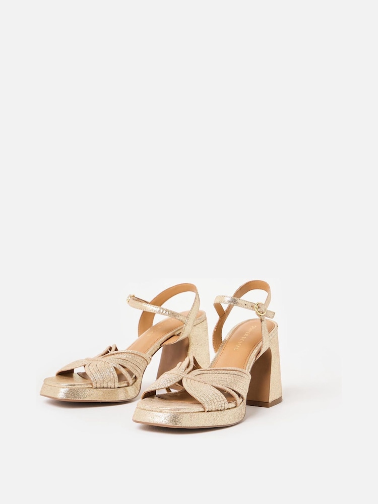 Oliver Bonas Gold Tone Metallic Fan Leather Platform Heeled Sandals - Image 3 of 7