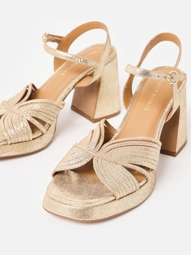 Oliver Bonas Gold Tone Metallic Fan Leather Platform Heeled Sandals - Image 5 of 7