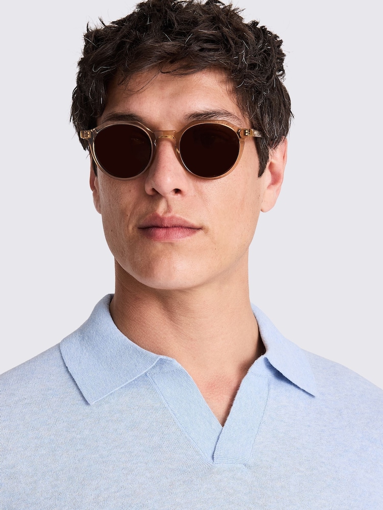 MOSS Blue Linen Blend Oatmeal Skipper Polo Shirt - Image 3 of 4