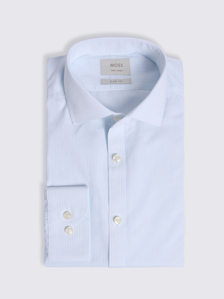 MOSS Blue Slim Fit Sky Stripe Non-Iron Shirt - Image 3 of 3