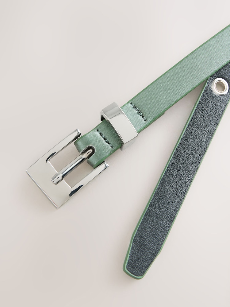 Sage Green Satin Skinny Belt with Diamante Square Buckle - Image 2 of 3