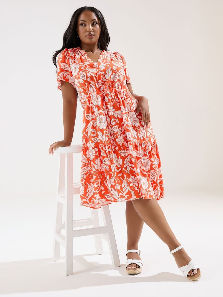 Yours Curve Orange Button Up Frilled Dress - Image 1 of 5 Yours Curve Orange Button Up Frilled Dress - Image 1 of 5