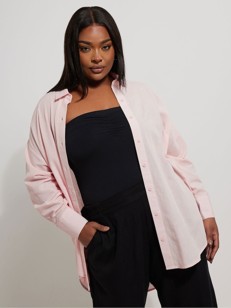 Yours Curve Pink Long Sleeve Shirt Containing Linen - Image 1 of 5