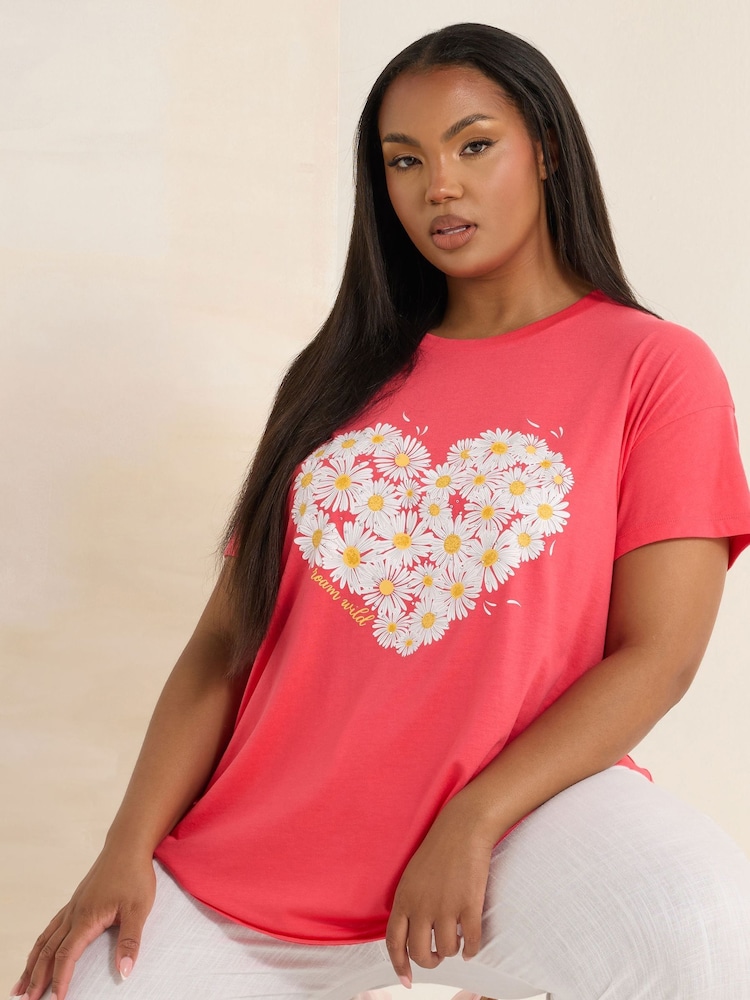 Yours Curve Pink Placement T-Shirt - Image 1 of 5 Yours Curve Pink Placement T-Shirt - Image 1 of 5