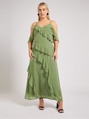 Yours Curve Green London Ruffle Cold Shoulder Dress - Image 1 of 6