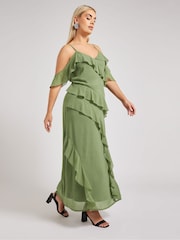 Yours Curve Green London Ruffle Cold Shoulder Dress - Image 2 of 6