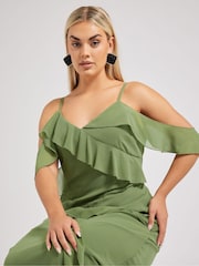 Yours Curve Green London Ruffle Cold Shoulder Dress - Image 4 of 6