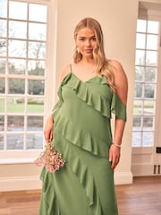 Yours Curve Green London Ruffle Cold Shoulder Dress - Image 5 of 6