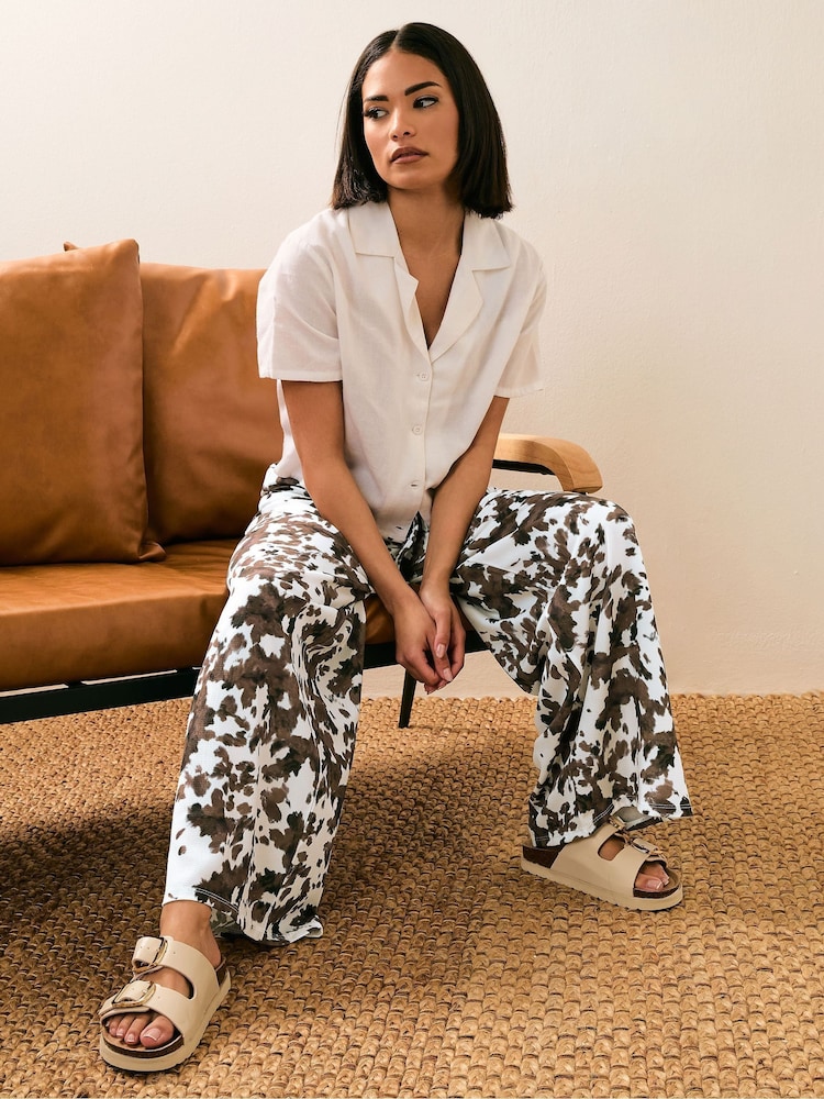 PixieGirl Petite Brown Cow Print Wide Leg Trousers - Image 2 of 6