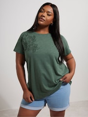 Yours Curve Green Appliqué Studded Floral Print 100% Cotton T-Shirt - Image 1 of 5