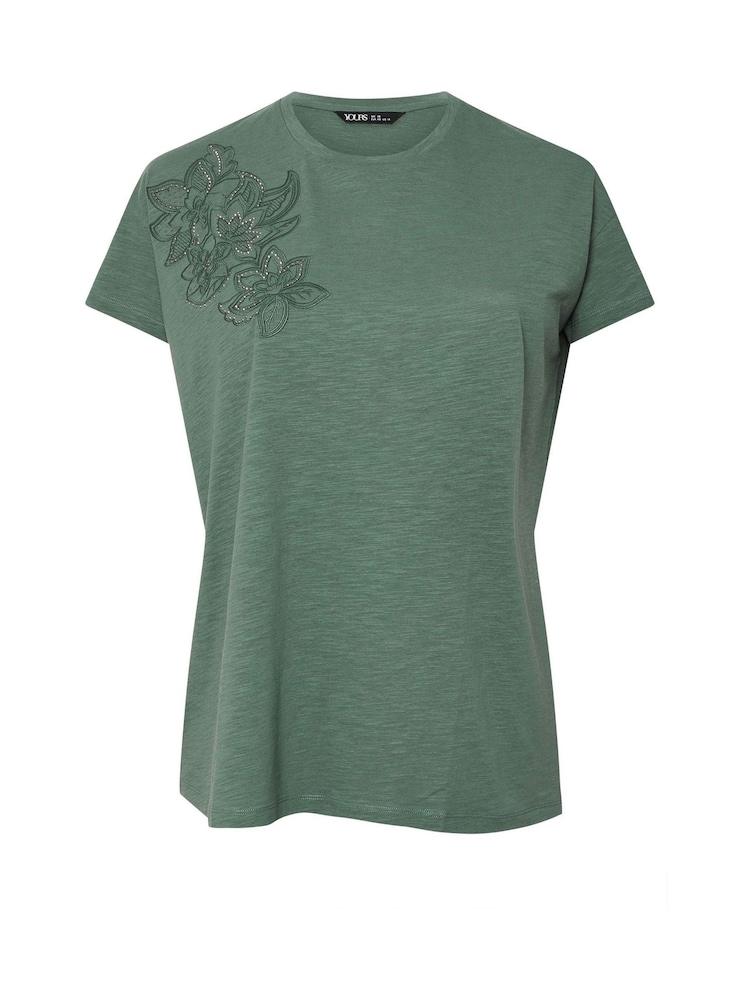 Yours Curve Green Appliqué Studded Floral Print 100% Cotton T-Shirt - Image 5 of 5 Yours Curve Green Appliqué Studded Floral Print 100% Cotton T-Shirt - Image 5 of 5