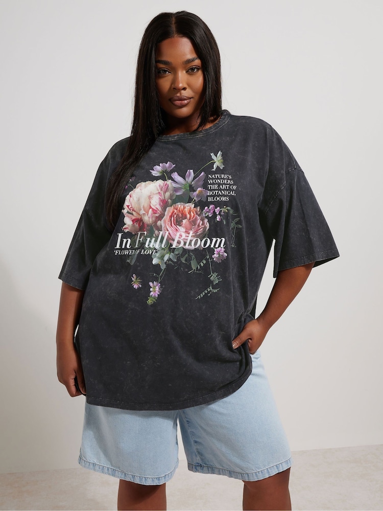 Yours Curve Grey Oversized Boxy T-Shirt - Image 1 of 6