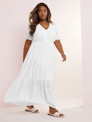Yours Curve White Broderie Tea Dress - Image 2 of 5