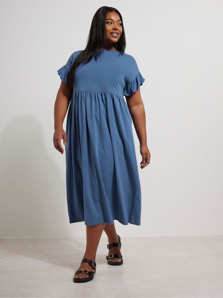 Yours Curve Blue Frilled 100% Cotton Midaxi Dress - Image 1 of 5