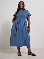Yours Curve Blue Frilled 100% Cotton Midaxi Dress - Image 2 of 5