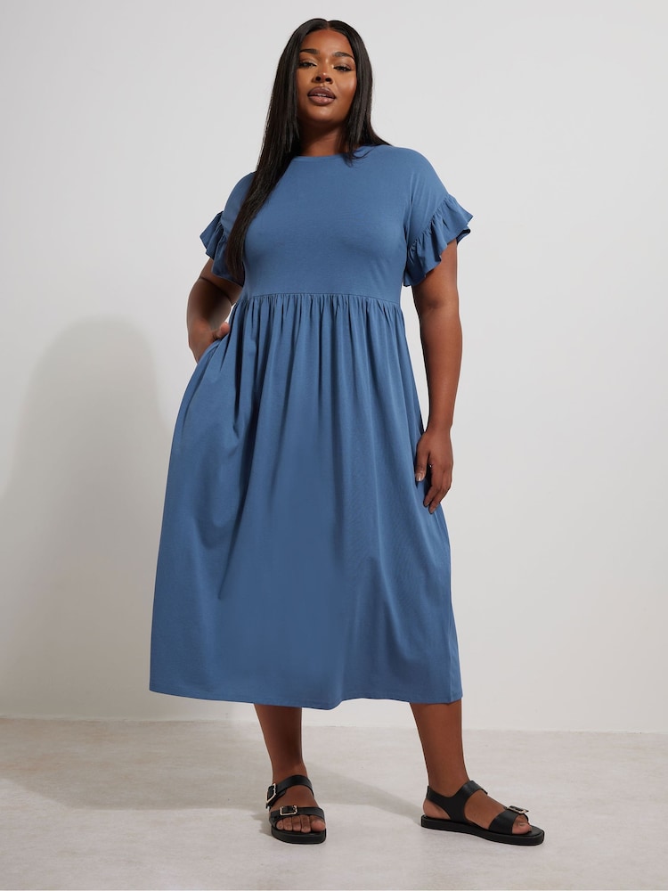 Yours Curve Blue Frilled 100% Cotton Midaxi Dress - Image 2 of 5