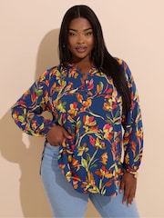Yours Curve Blue Button Detail Blouse - Image 1 of 5
