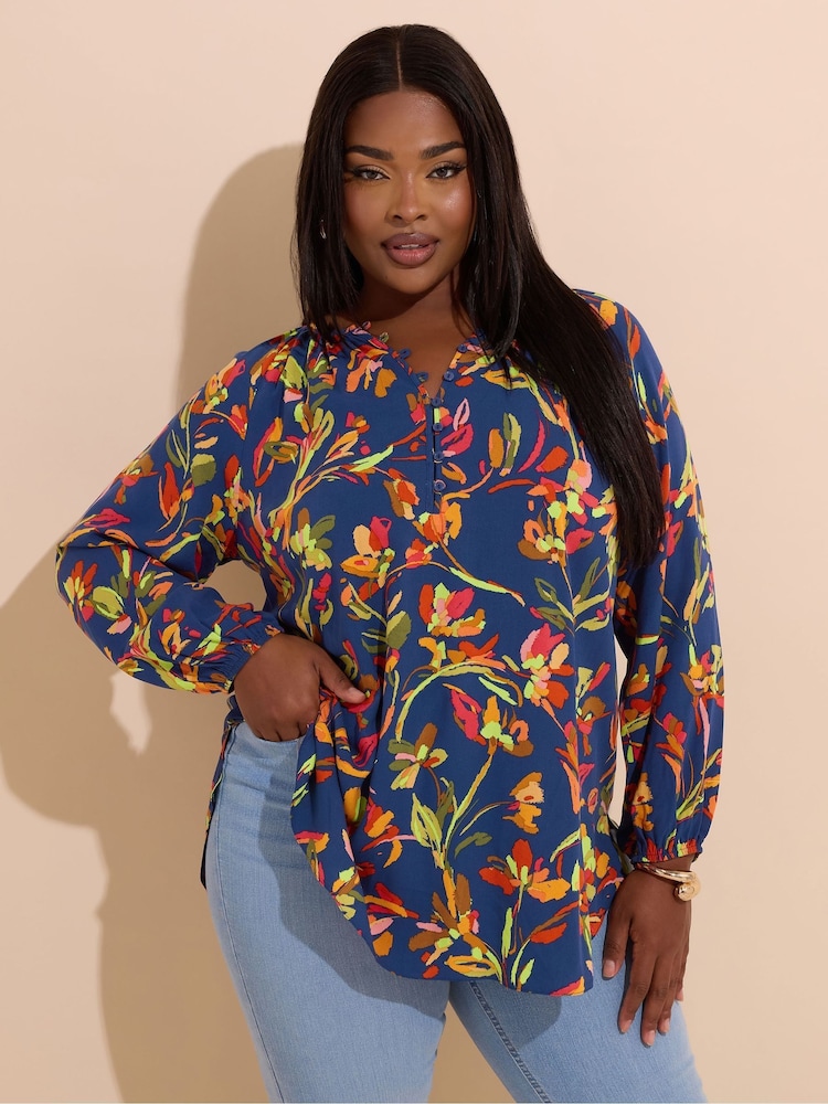 Yours Curve Blue Button Detail Blouse - Image 1 of 5