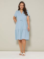 Yours Curve Blue Button Up Frilled Dress - Image 2 of 5