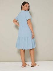Yours Curve Blue Button Up Frilled Dress - Image 3 of 5