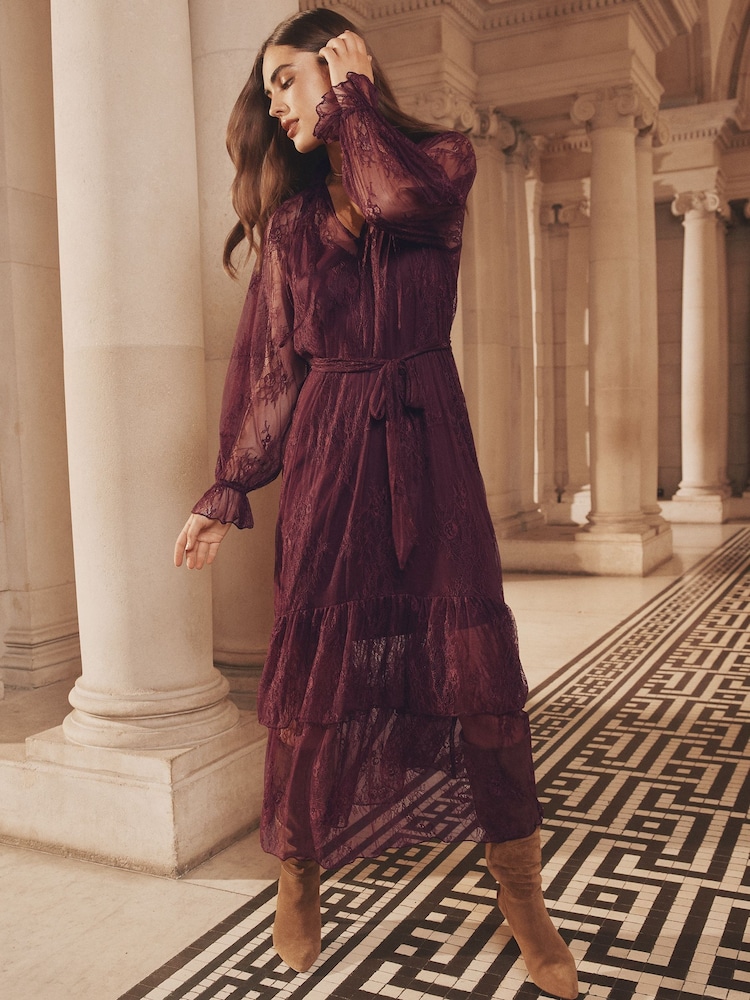 Lipsy Burgundy Red Lace Ruffle Long Sleeve Midi Dress - Image 1 of 4 Lipsy Burgundy Red Lace Ruffle Long Sleeve Midi Dress - Image 1 of 4
