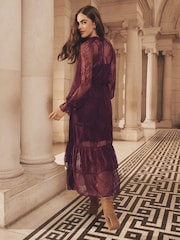 Lipsy Burgundy Red Lace Ruffle Long Sleeve Midi Dress - Image 4 of 4